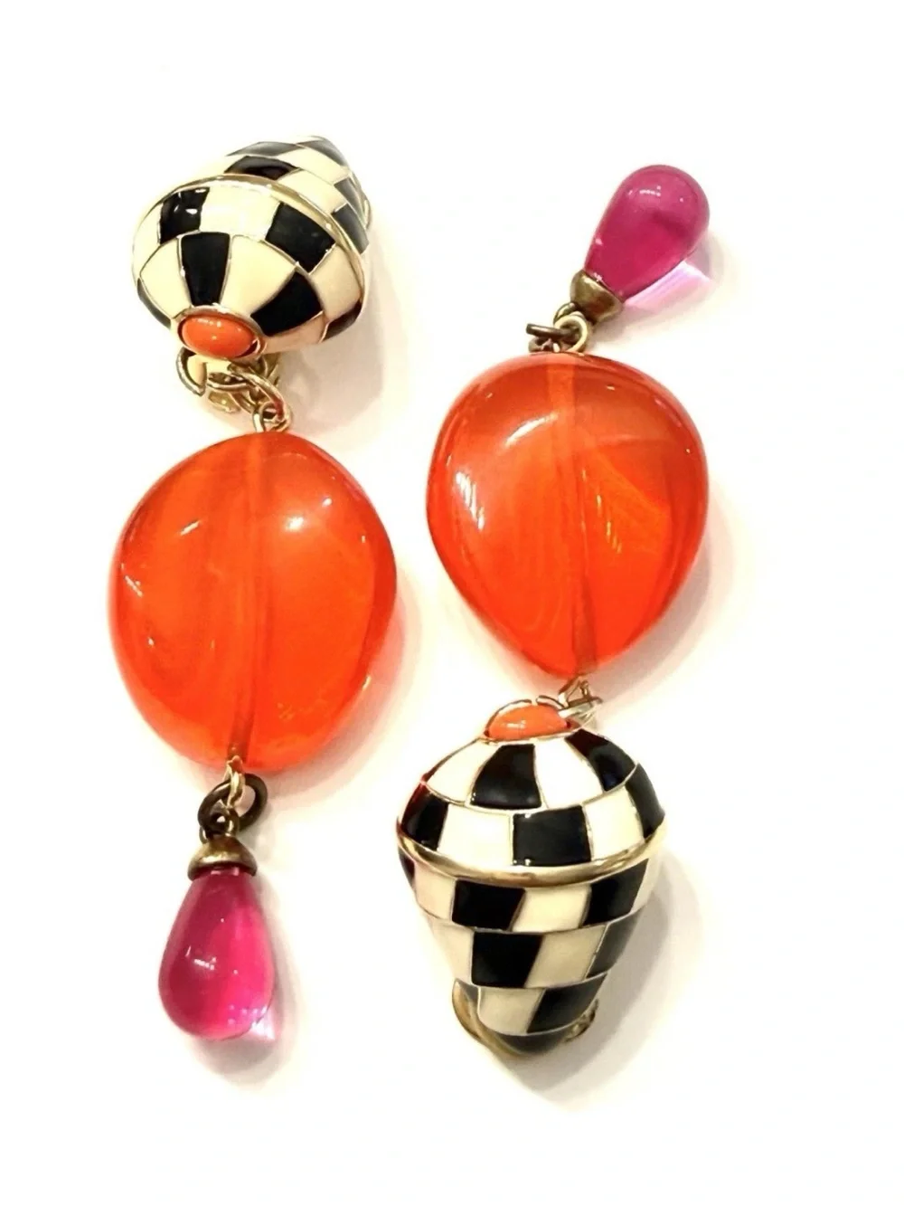 Kenneth Lane Pink + Black & White Checkerboard Conch Shell KJL Drop Earrings - Picture 9 of 9